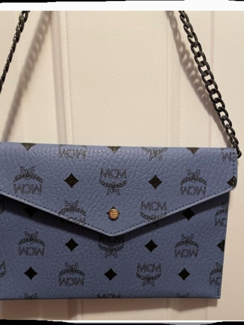 MCM Light Blue Visetos Envelope Wallet Clutch w/ Chain – Like New – Rare